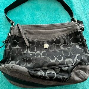 Coach Vintage Black Signature Canvas Shoulder Bag with Suede Trim